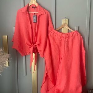 BELLA AMORE 100% Linen 2-Piece Set | Coral Tie-Front Top & Wide Leg Pants